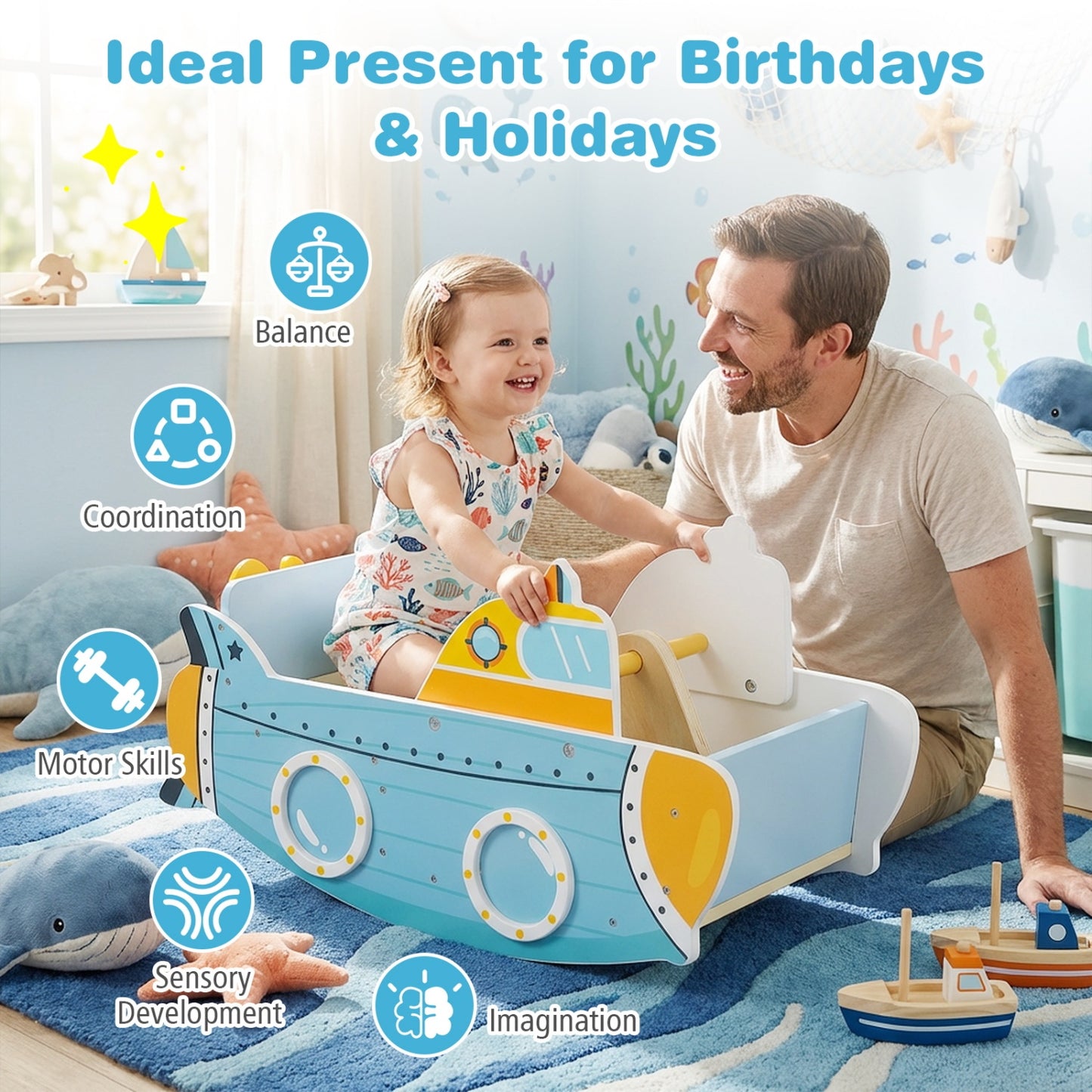 Submarine Wooden Climbing Toy with Rotating Propeller and Rocking Climber Climbers & Slides at Gallery Canada