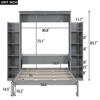 Murphy Bed with Shelves, LED Lights, Space-Saving Wall Bed, 91" L x 81" W x 84" H, Grey Bed Frames at Gallery Canada