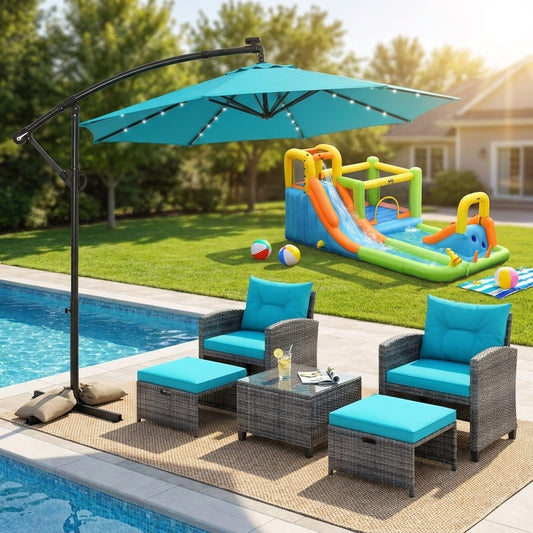 Summer Patio Luxury Bundle: 5-Pc Rattan Furniture Set 8-in-1 Water Slide & 10ft LED Offset Umbrella Outdoor & Patio Furniture Turquoise at Gallery Canada
