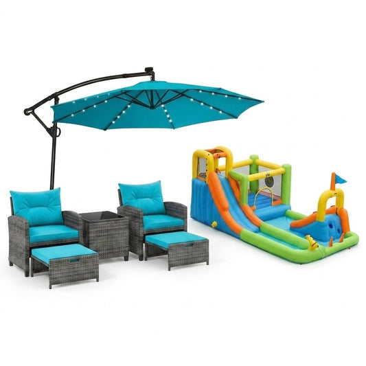 Summer Patio Luxury Bundle: 5-Pc Rattan Furniture Set 8-in-1 Water Slide & 10ft LED Offset Umbrella Outdoor & Patio Furniture Turquoise at Gallery Canada
