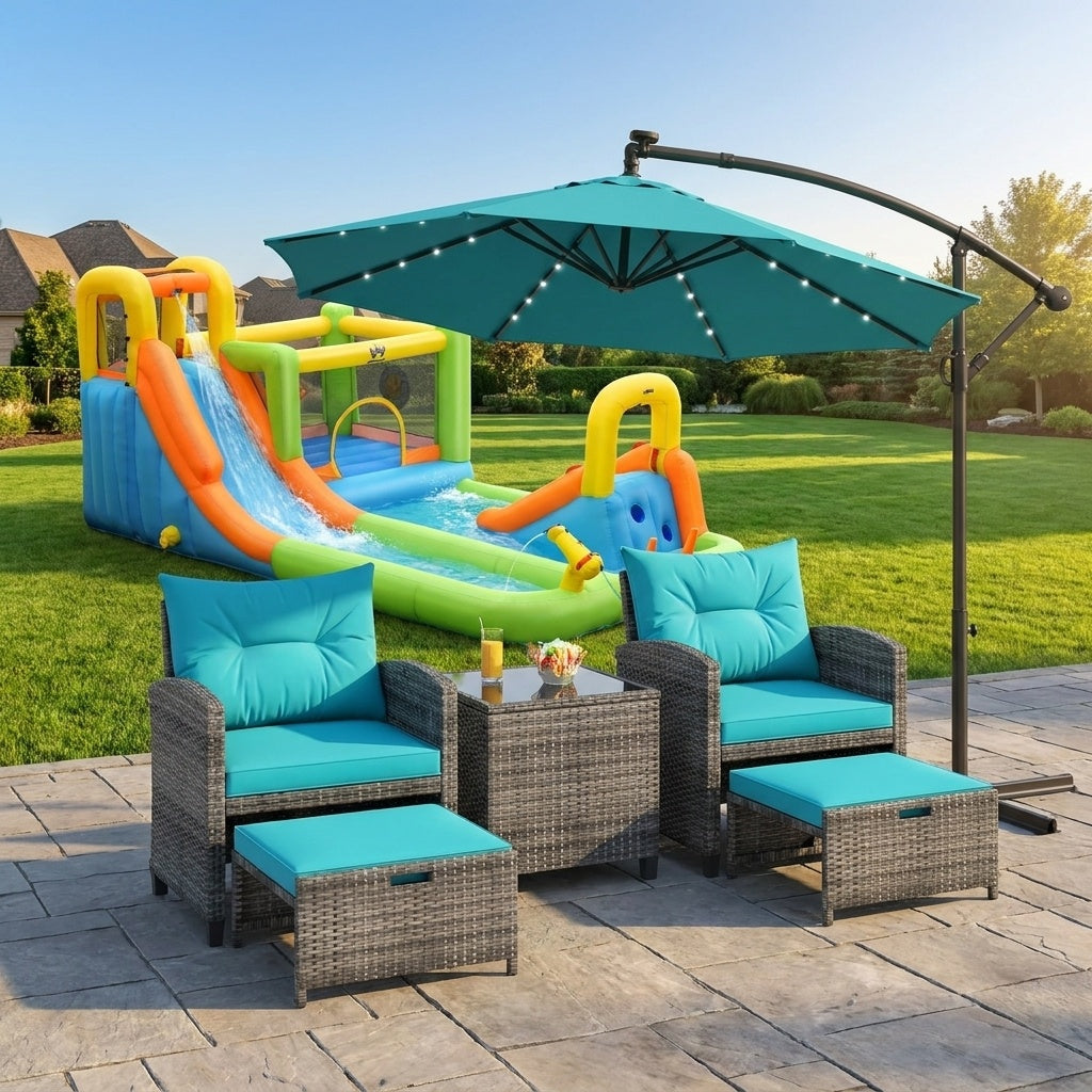 Summer Patio Luxury Bundle: 5-Pc Rattan Furniture Set 8-in-1 Water Slide & 10ft LED Offset Umbrella Outdoor & Patio Furniture at Gallery Canada