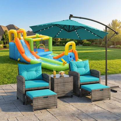 Summer Patio Luxury Bundle: 5-Pc Rattan Furniture Set 8-in-1 Water Slide & 10ft LED Offset Umbrella Outdoor & Patio Furniture at Gallery Canada