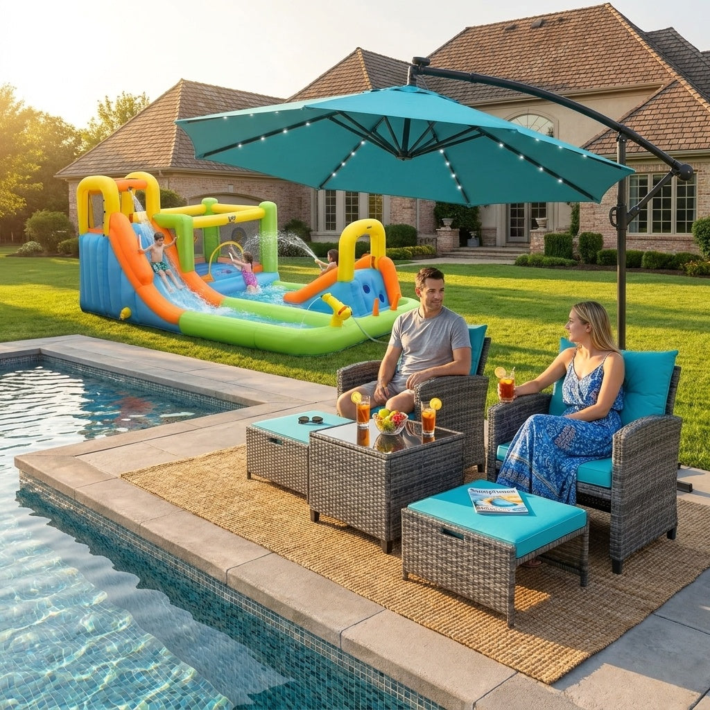Summer Patio Luxury Bundle: 5-Pc Rattan Furniture Set 8-in-1 Water Slide & 10ft LED Offset Umbrella Outdoor & Patio Furniture at Gallery Canada