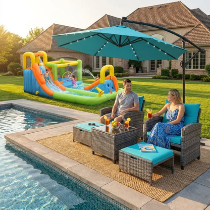 Summer Patio Luxury Bundle: 5-Pc Rattan Furniture Set 8-in-1 Water Slide & 10ft LED Offset Umbrella Outdoor & Patio Furniture at Gallery Canada