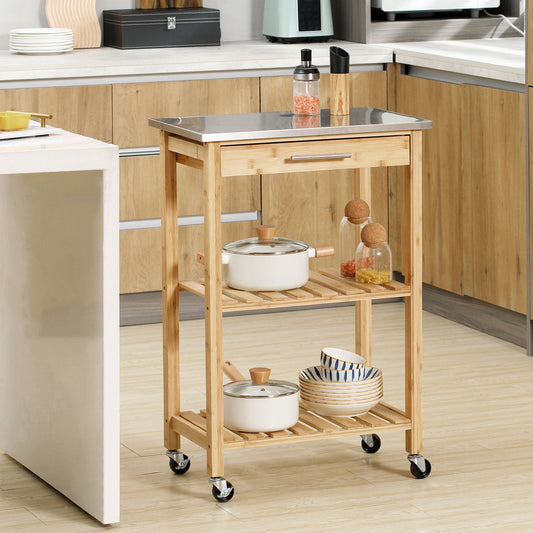Bamboo Kitchen Cart, Kitchen Island with Stainless Steel Top, Drawer and Slatted Shelves for Dining Room, Natural - Gallery Canada