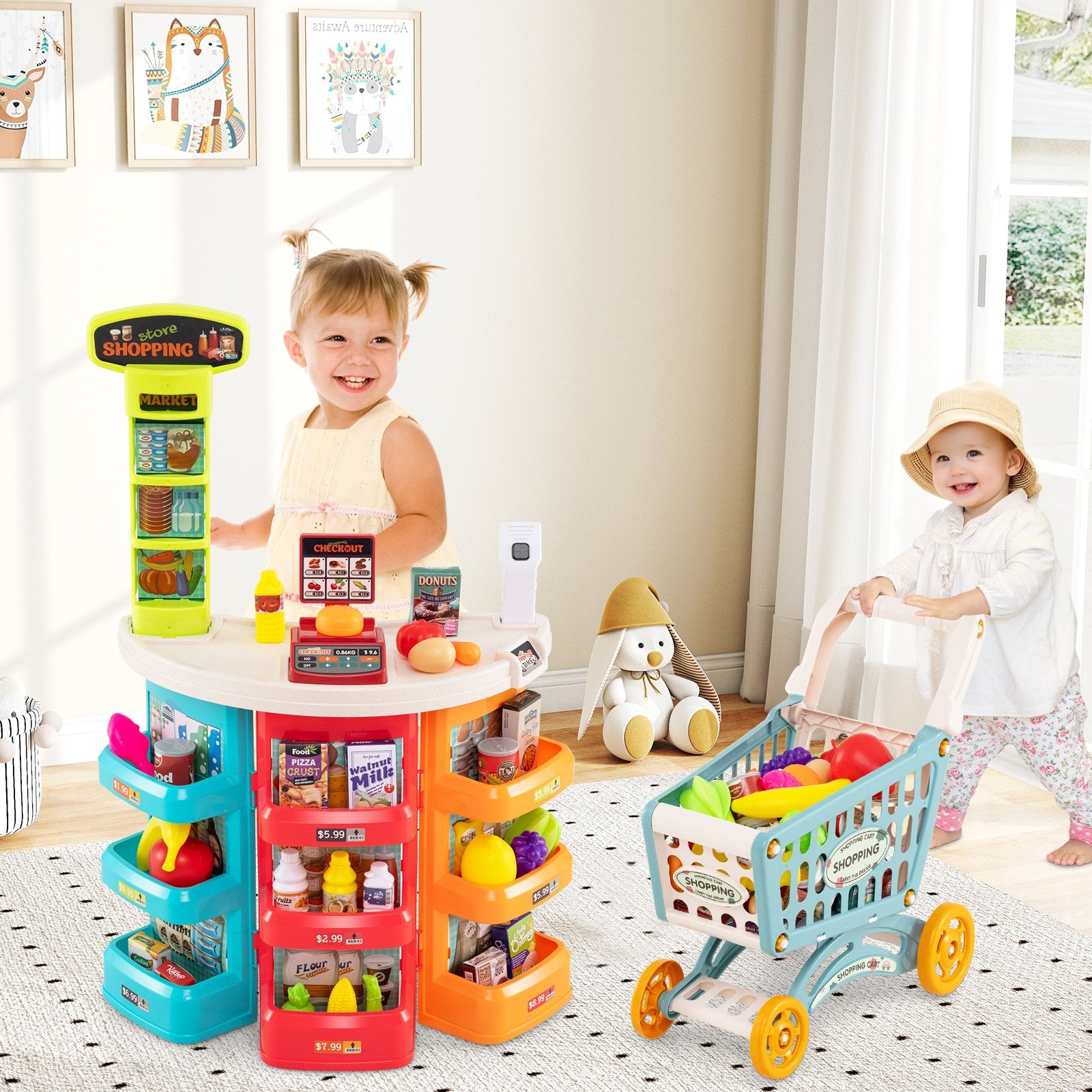 Supermarket Playset for Kids 76 PCS Pretend Play Grocery Store Set with Shopping Cart, Blue Pretend Toys at Gallery Canada