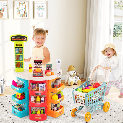 Supermarket Playset for Kids 76 PCS Pretend Play Grocery Store Set with Shopping Cart, Blue Pretend Toys at Gallery Canada