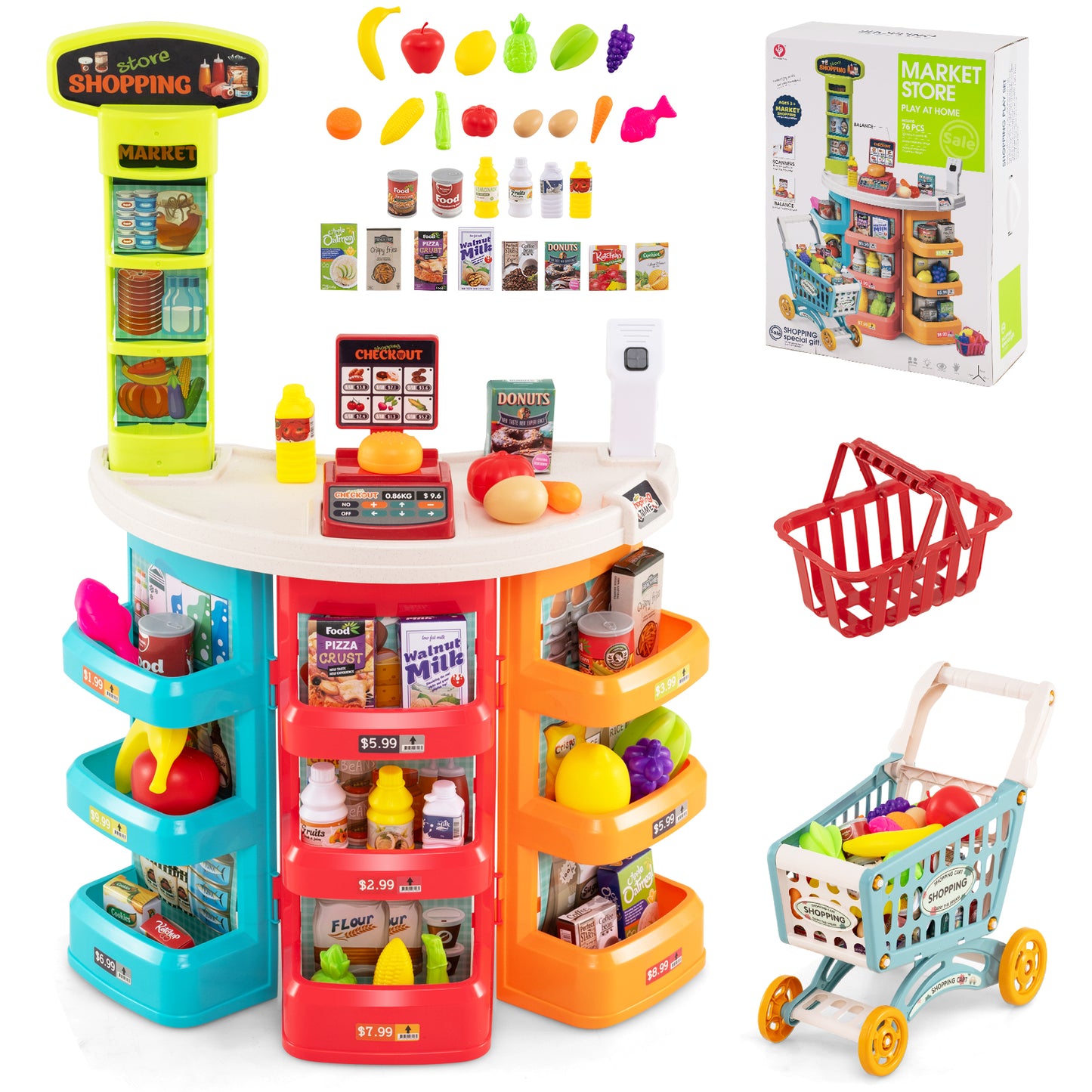 Kids Supermarket Playset, 76 PCS Grocery Store Set With Shopping Cart, Blue Pretend Toys Blue at Gallery Canada