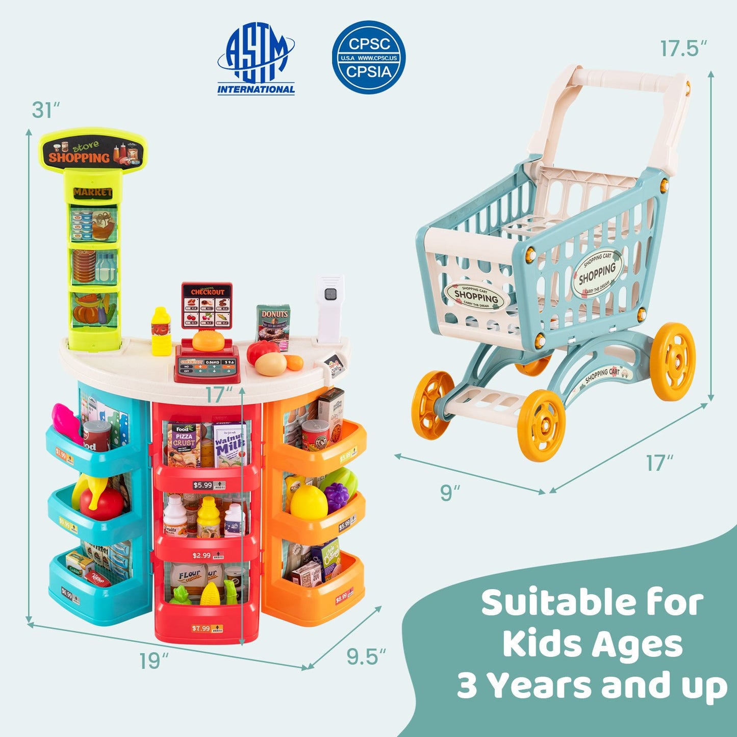 Supermarket Playset for Kids 76 PCS Pretend Play Grocery Store Set with Shopping Cart, Blue Pretend Toys at Gallery Canada