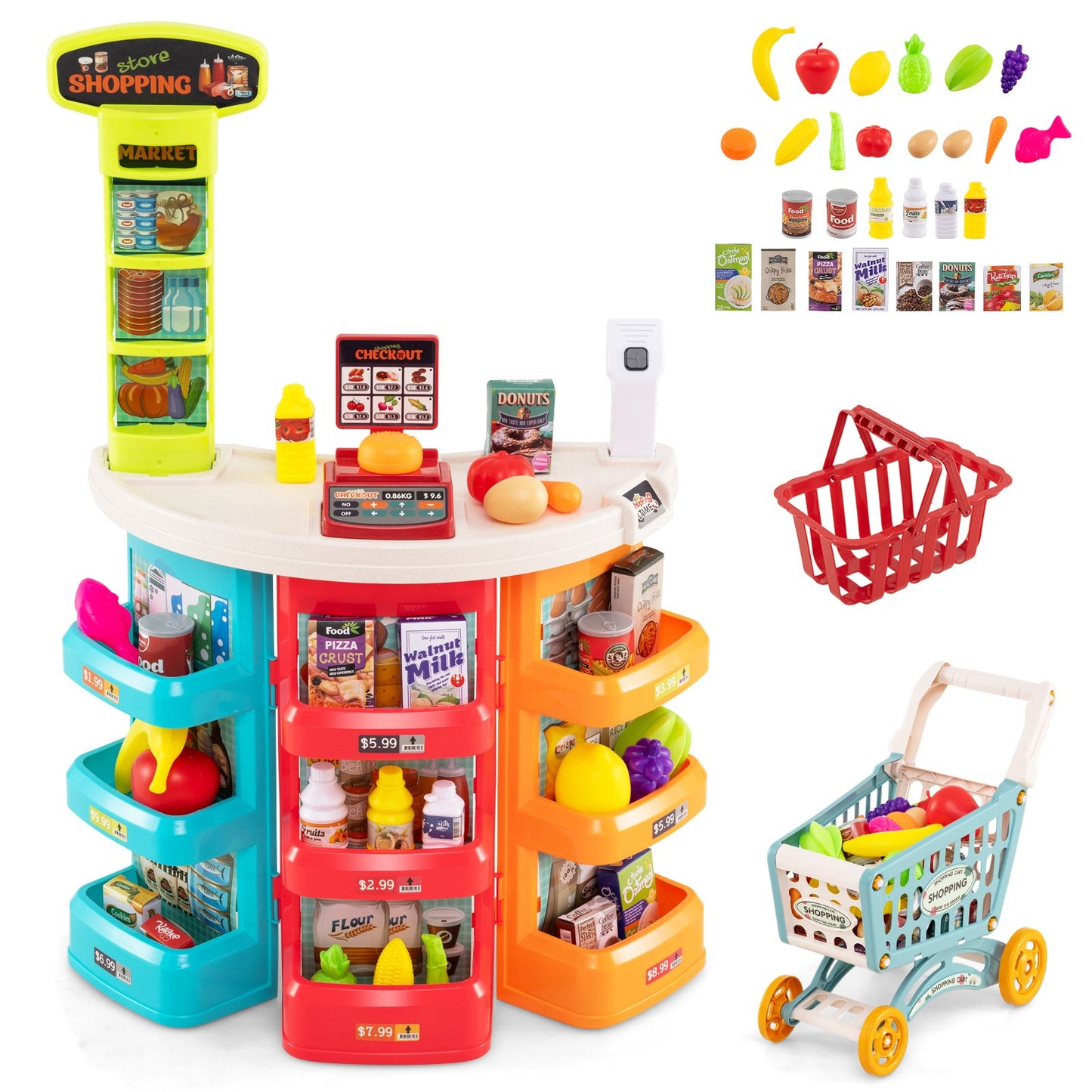 Supermarket Playset for Kids 76 PCS Pretend Play Grocery Store Set with Shopping Cart, Blue Pretend Toys at Gallery Canada