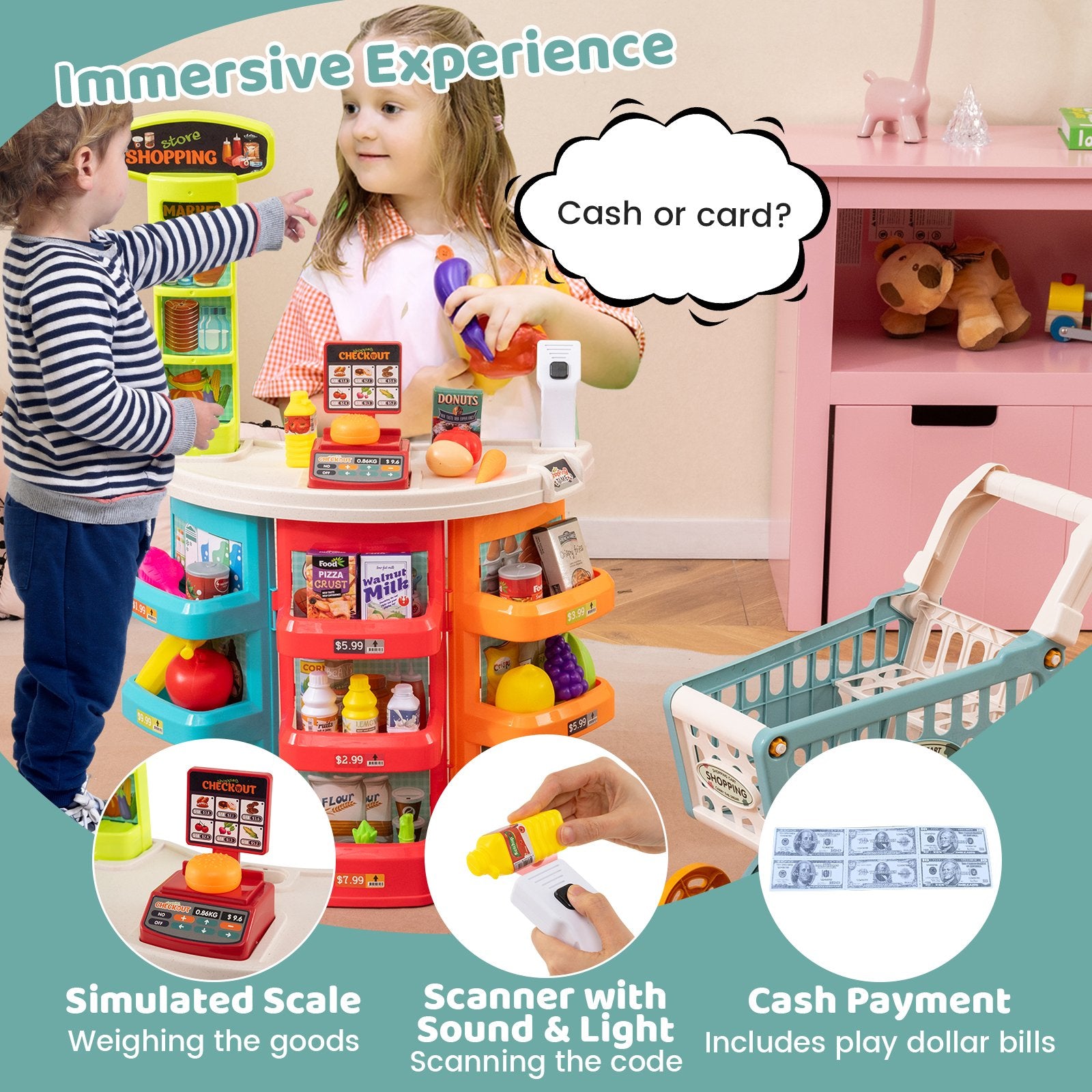 Supermarket Playset for Kids 76 PCS Pretend Play Grocery Store Set with Shopping Cart, Blue Pretend Toys at Gallery Canada