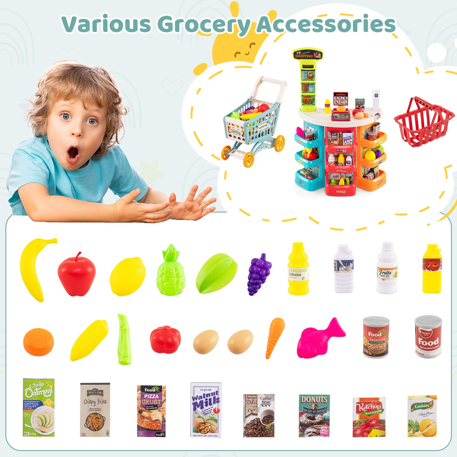 Supermarket Playset for Kids 76 PCS Pretend Play Grocery Store Set with Shopping Cart, Blue Pretend Toys at Gallery Canada