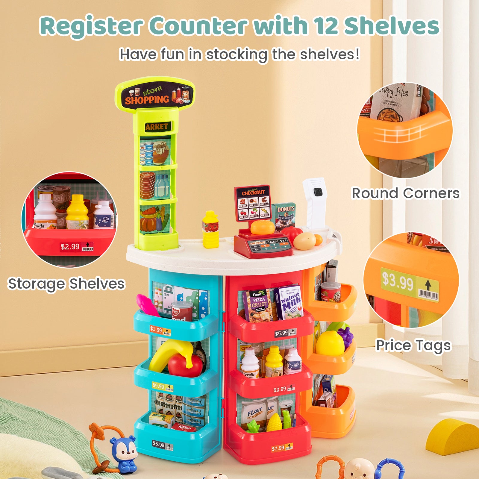 Supermarket Playset for Kids 76 PCS Pretend Play Grocery Store Set with Shopping Cart, Blue Pretend Toys at Gallery Canada