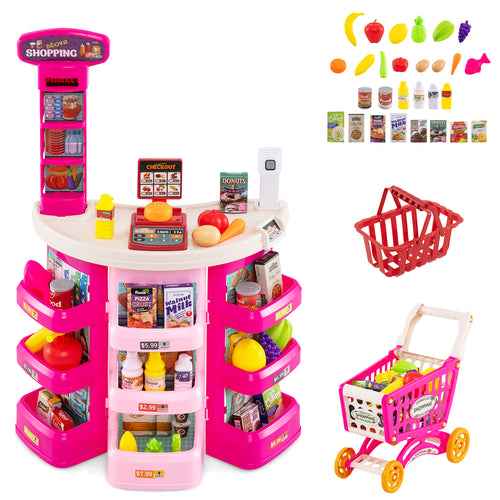 Kids Supermarket Playset, 76 PCS Grocery Store Set With Shopping Cart, Pink