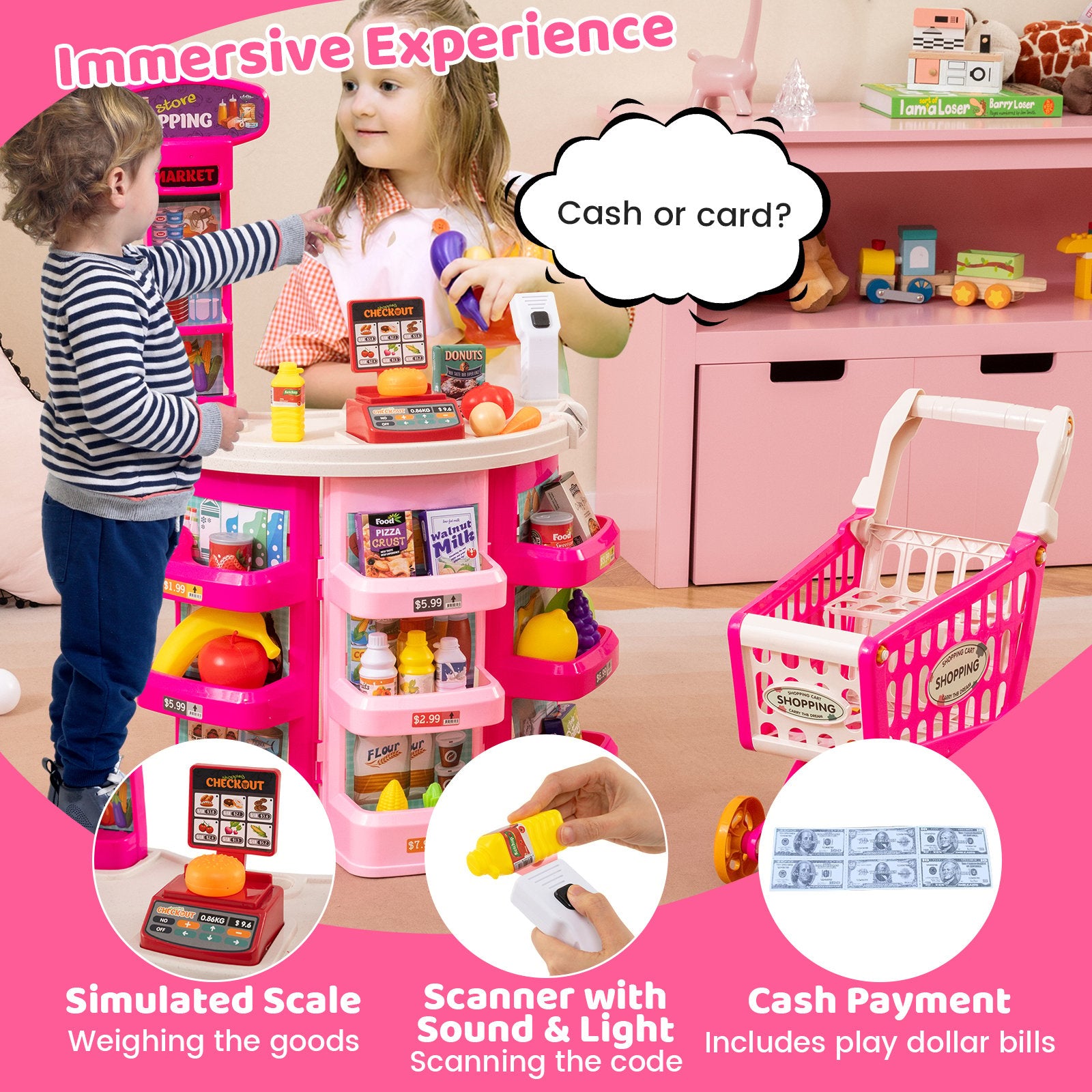 Supermarket Playset for Kids 76 PCS Pretend Play Grocery Store Set with Shopping Cart, Pink Pretend Toys at Gallery Canada