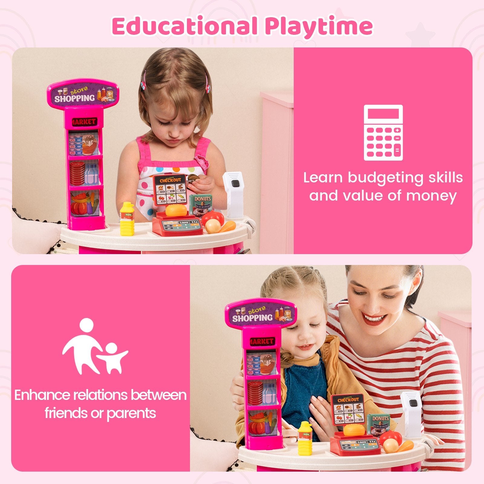 Supermarket Playset for Kids 76 PCS Pretend Play Grocery Store Set with Shopping Cart, Pink Pretend Toys at Gallery Canada