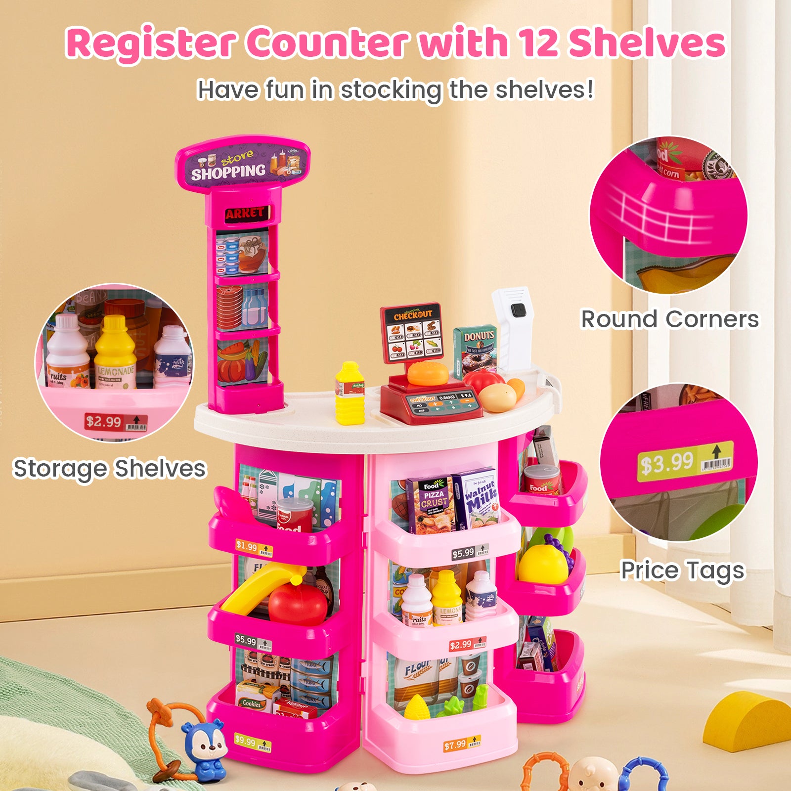 Supermarket Playset for Kids 76 PCS Pretend Play Grocery Store Set with Shopping Cart, Pink Pretend Toys at Gallery Canada