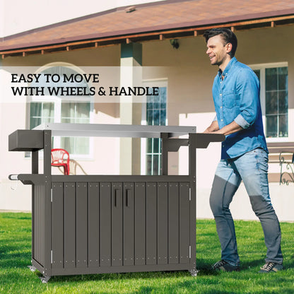 Outdoor Bar Cart With Storage Cabinet, Stainless Steel Table Top, Wheeled HDPE Kitchen Island Outdoor Grill Carts at Gallery Canada