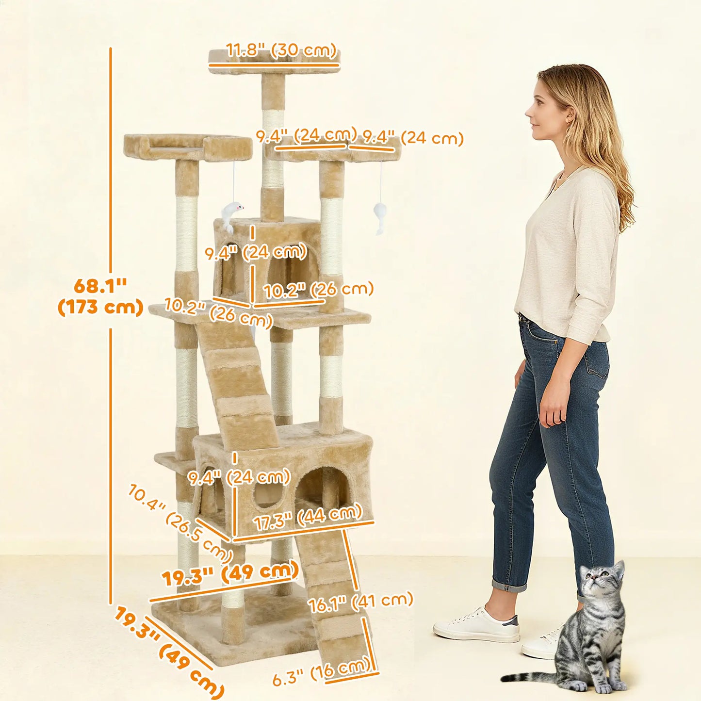 68-Inch Multi-Level Cat Scratching Tree, Light Brown Multi-Level Cat Towers at Gallery Canada