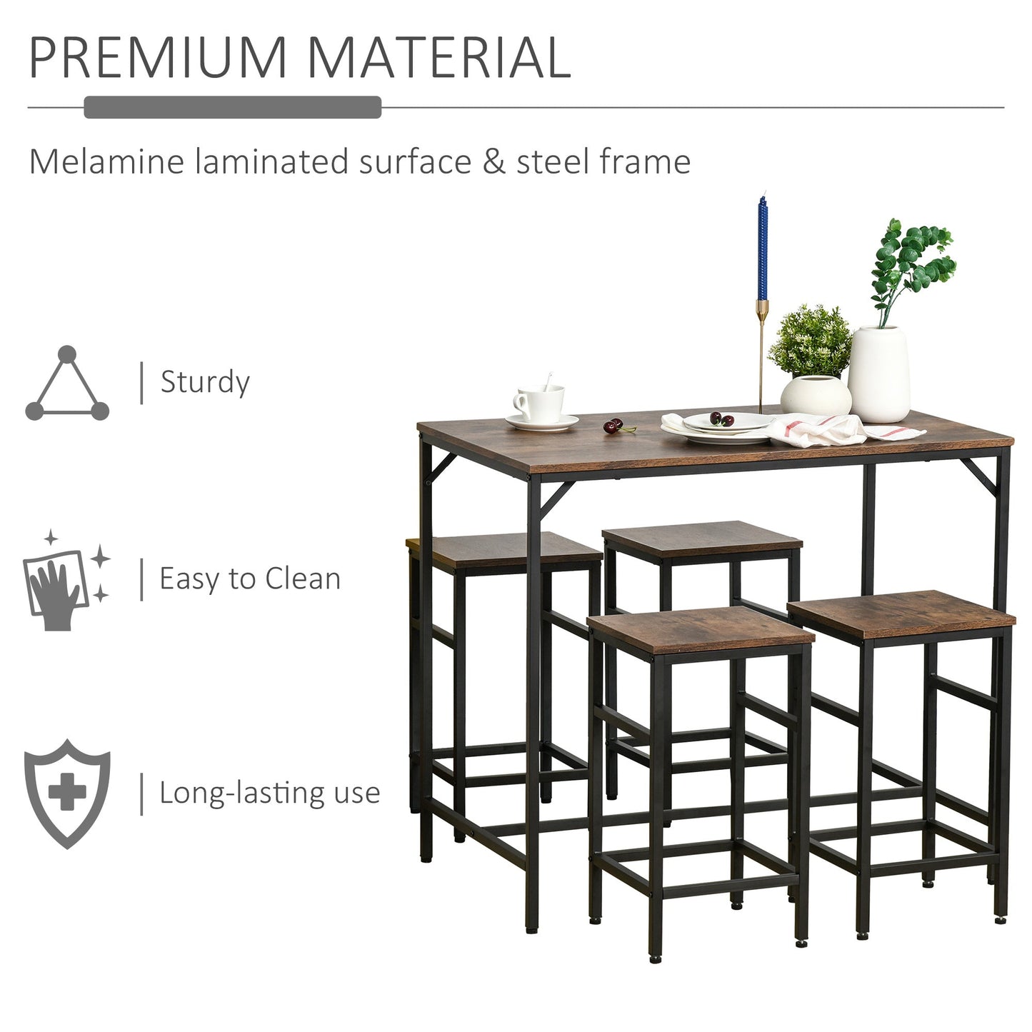 5 Pieces Industrial Rectangular Bar Table Set, Dining Table Set Breakfast Table with 4 Stools for Dining Room, Kitchen, Dinette, Rustic Brown - Gallery Canada