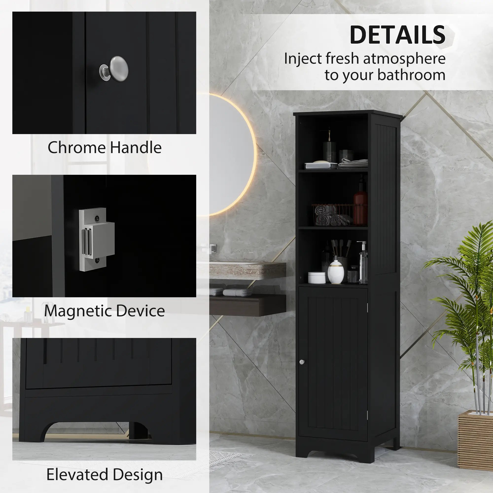Tall Bathroom Storage Cabinet, Freestanding with Adjustable Shelf, 3 Open Shelves, Black Bathroom Cabinets at Gallery Canada