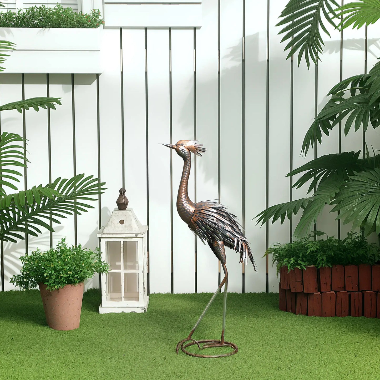 Garden Statue, Heron Standing Sculpture, 12.2"W x 7.1"D x 28"H, Silver Tone Garden Decor at Gallery Canada