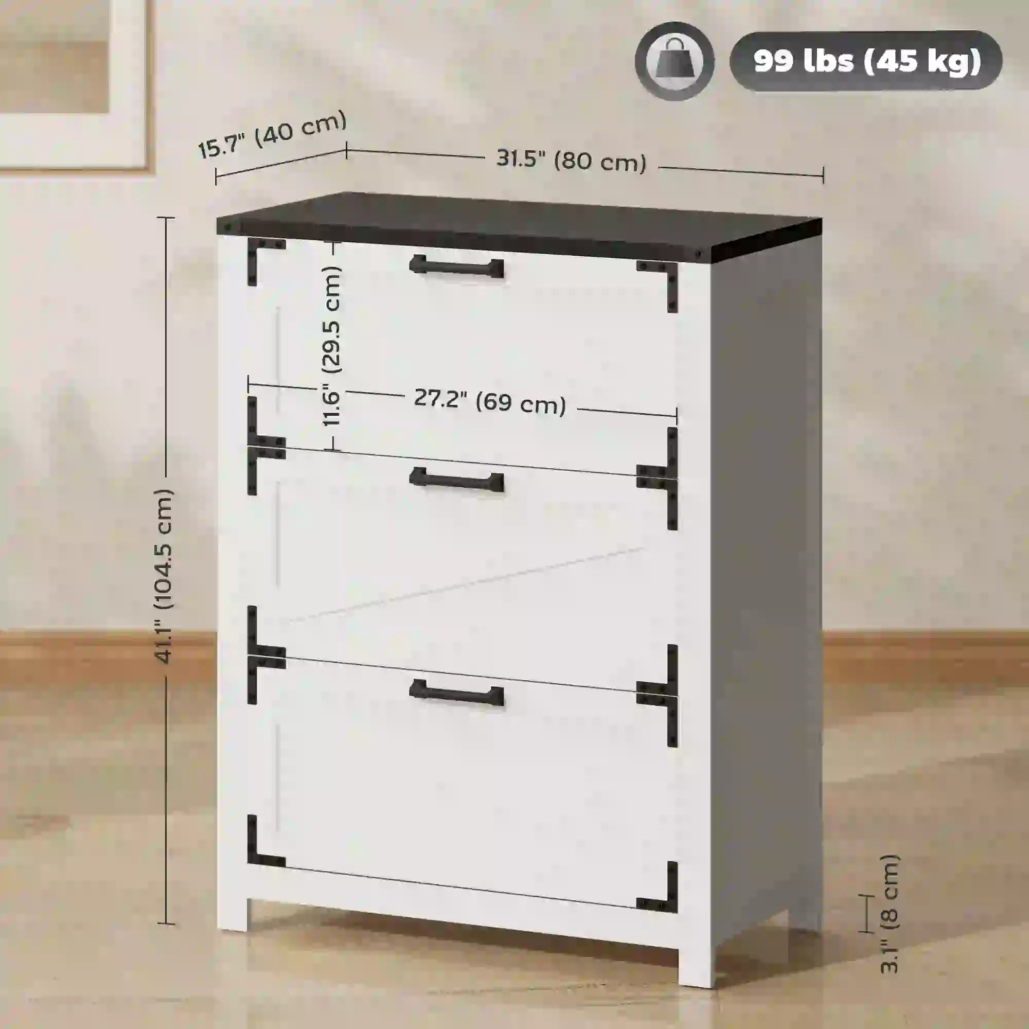3 Drawer Filing Cabinet, Farmhouse Office Storage, Adjustable Hanging Bars, Letter, A4, Legal Size, White Office Cabinets & Cupboards at Gallery Canada