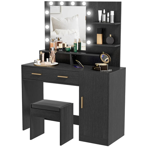 LED Vanity Table Set with Stool, Mirror, Drawer, Cabinet Shelves