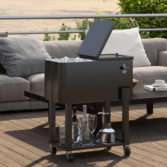 60 Quart Rolling Outdoor Cooler, Portable Cart with Wheels, Storage Shelf, Black Cooler Boxes Black at Gallery Canada