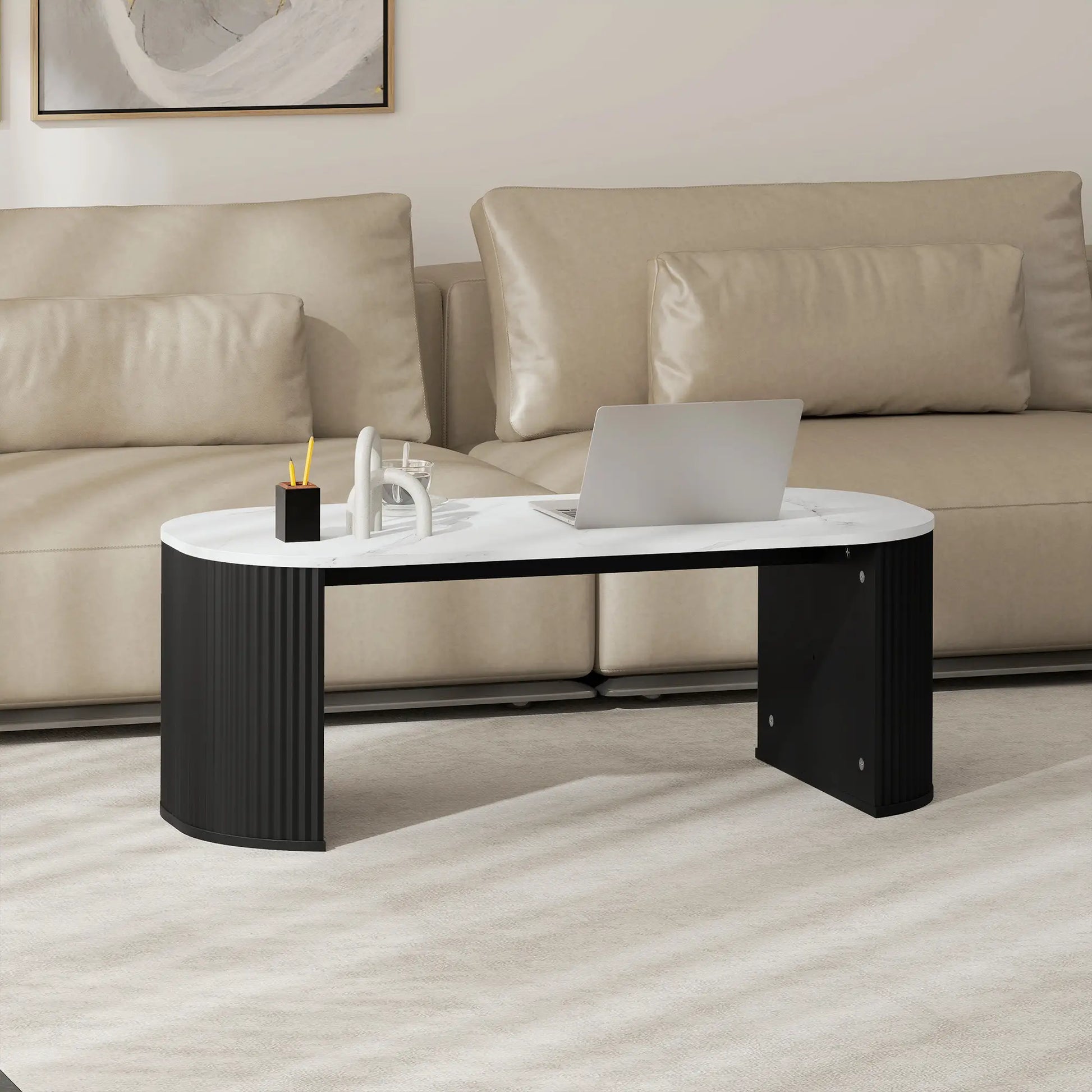 Modern Marble-Effect Coffee Table, Round Corners, Thicken Legs, Black Coffee Tables at Gallery Canada
