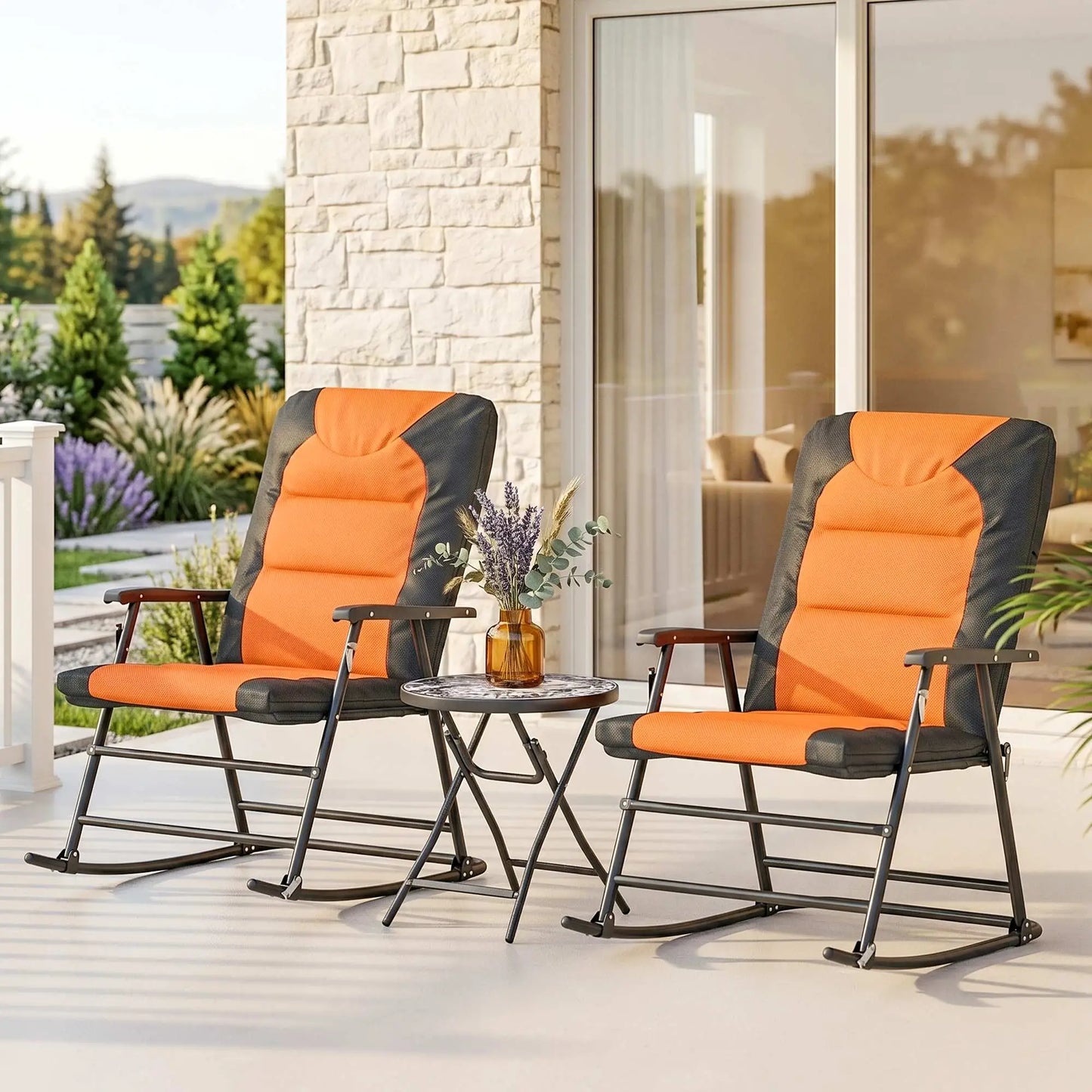 3-Piece Outdoor Foldable Rocking Chair Set, Orange Bistro Sets at Gallery Canada