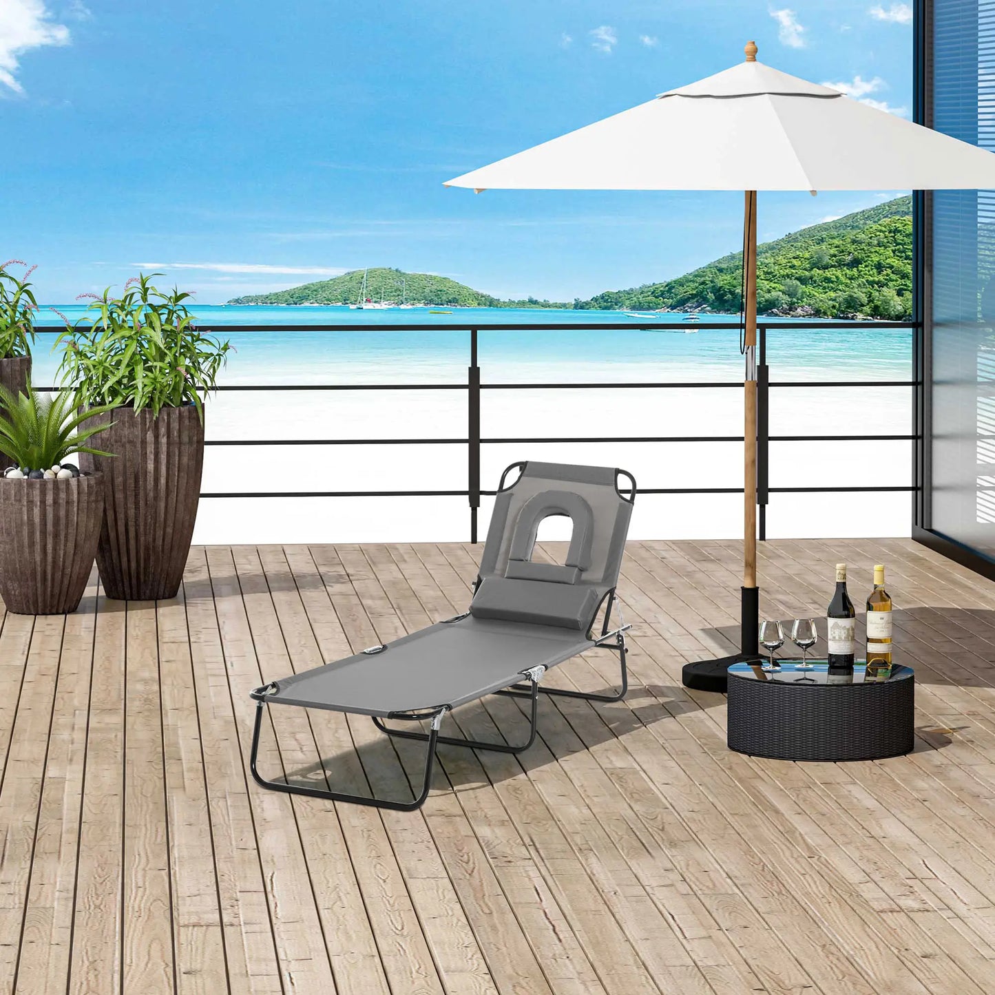 Adjustable Outdoor Lounge Chair, Folding Chaise with Face Hole, Grey Lounger Chairs at Gallery Canada
