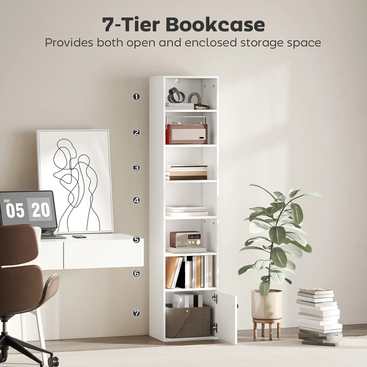 7-Tier Bookcase, Display Shelf with Cabinet, White