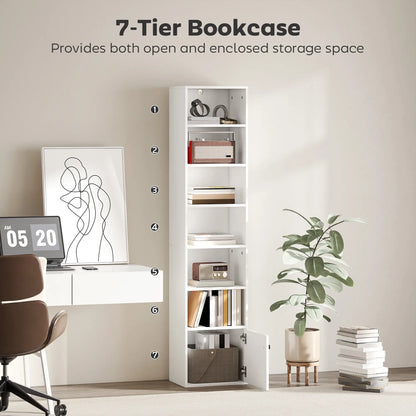 7-Tier Bookcase, Display Shelf with Cabinet, White