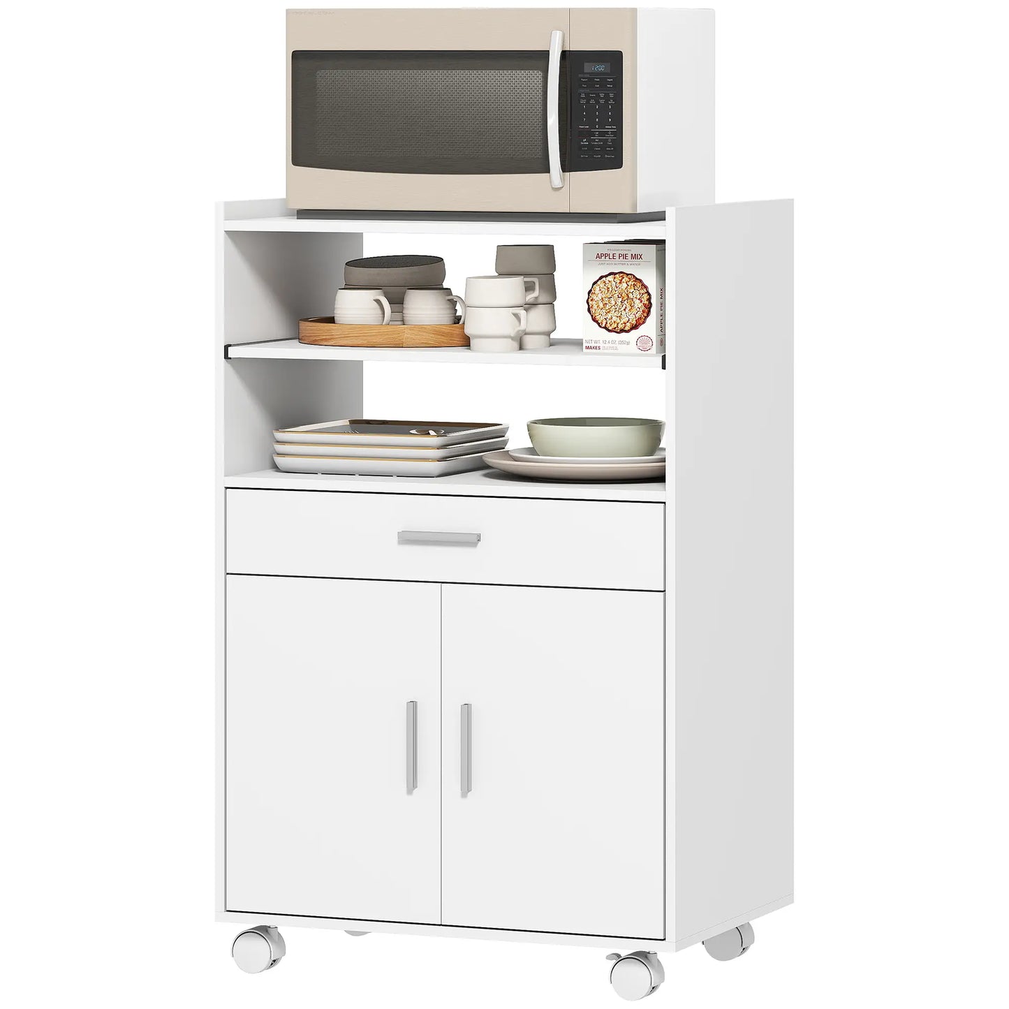 Microwave Cart with Wheels, Storage Cabinet, White Kitchen Islands & Kitchen Carts White at Gallery Canada