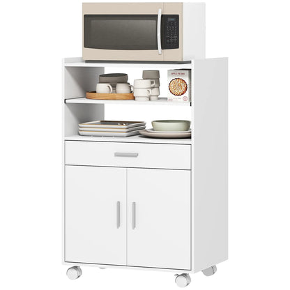 Microwave Cart with Wheels, Storage Cabinet, White Kitchen Islands & Kitchen Carts White at Gallery Canada