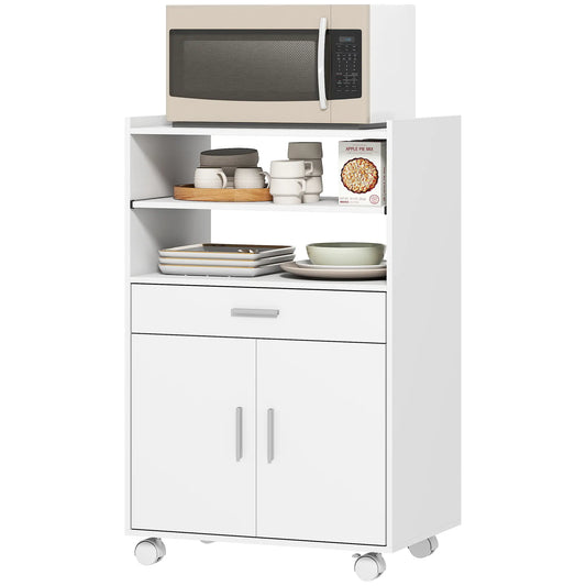 Microwave Cart with Wheels, Storage Cabinet, White Kitchen Islands & Kitchen Carts White at Gallery Canada