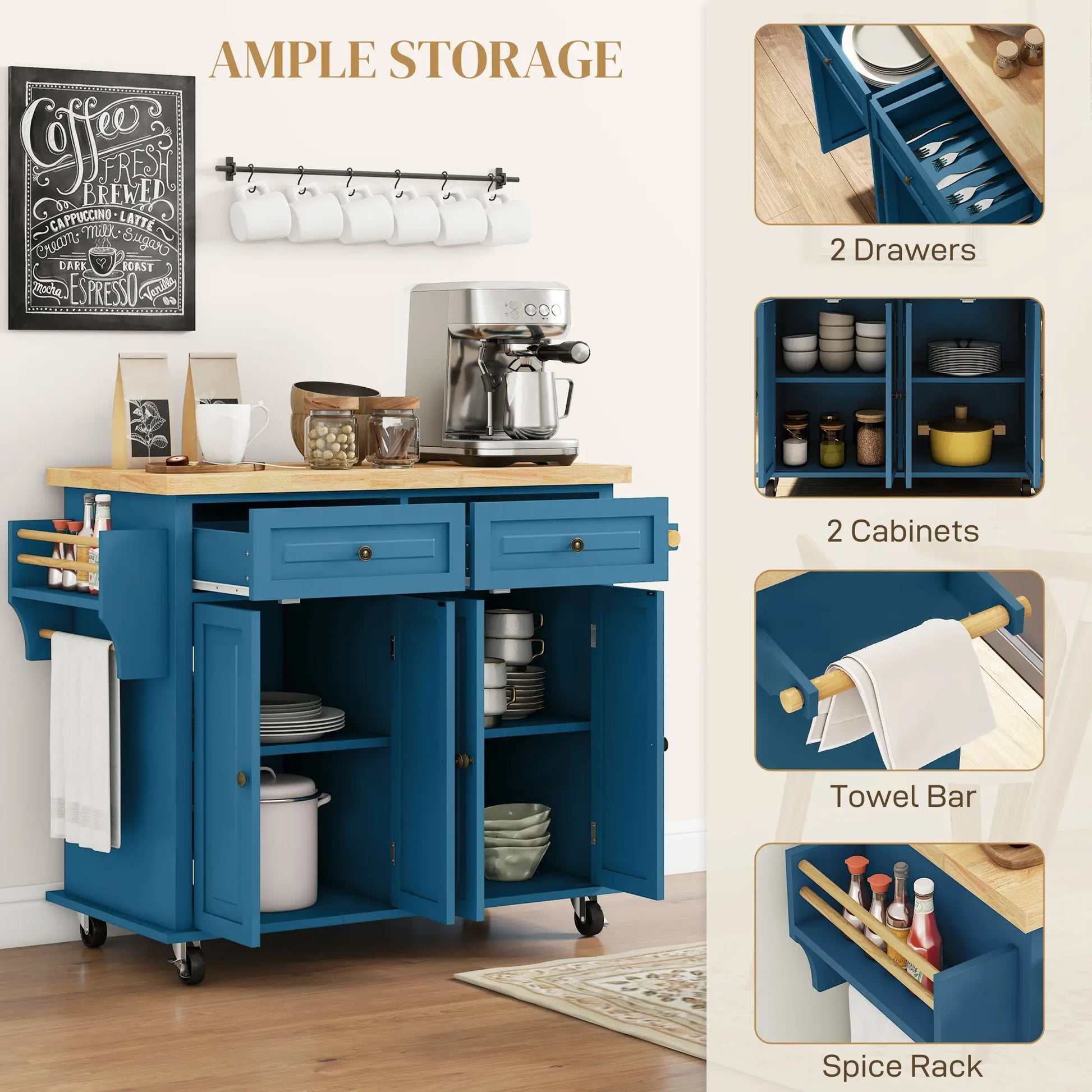 Kitchen Island with Storage, Rolling Cart, Rubber Wood Top, Blue Kitchen Islands & Kitchen Carts at Gallery Canada
