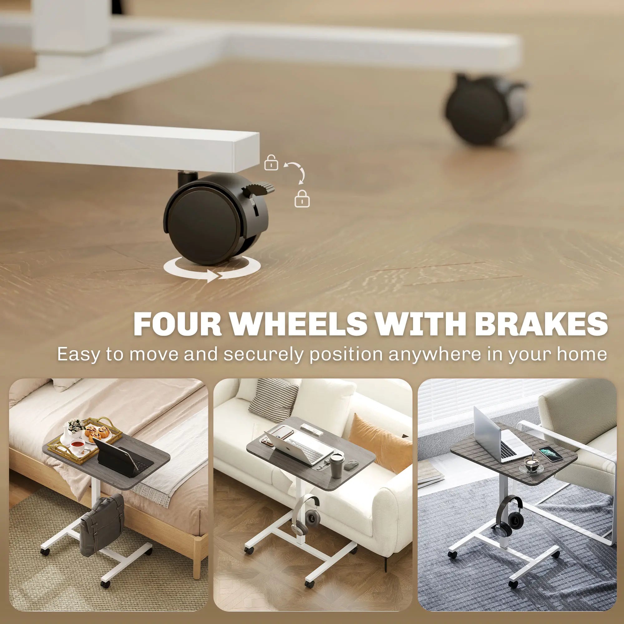 Height Adjustable Standing Desk, Pneumatic Sit Stand Desk with Wheels and Headphone Hook, Grey Office Desks & Work Stations at Gallery Canada