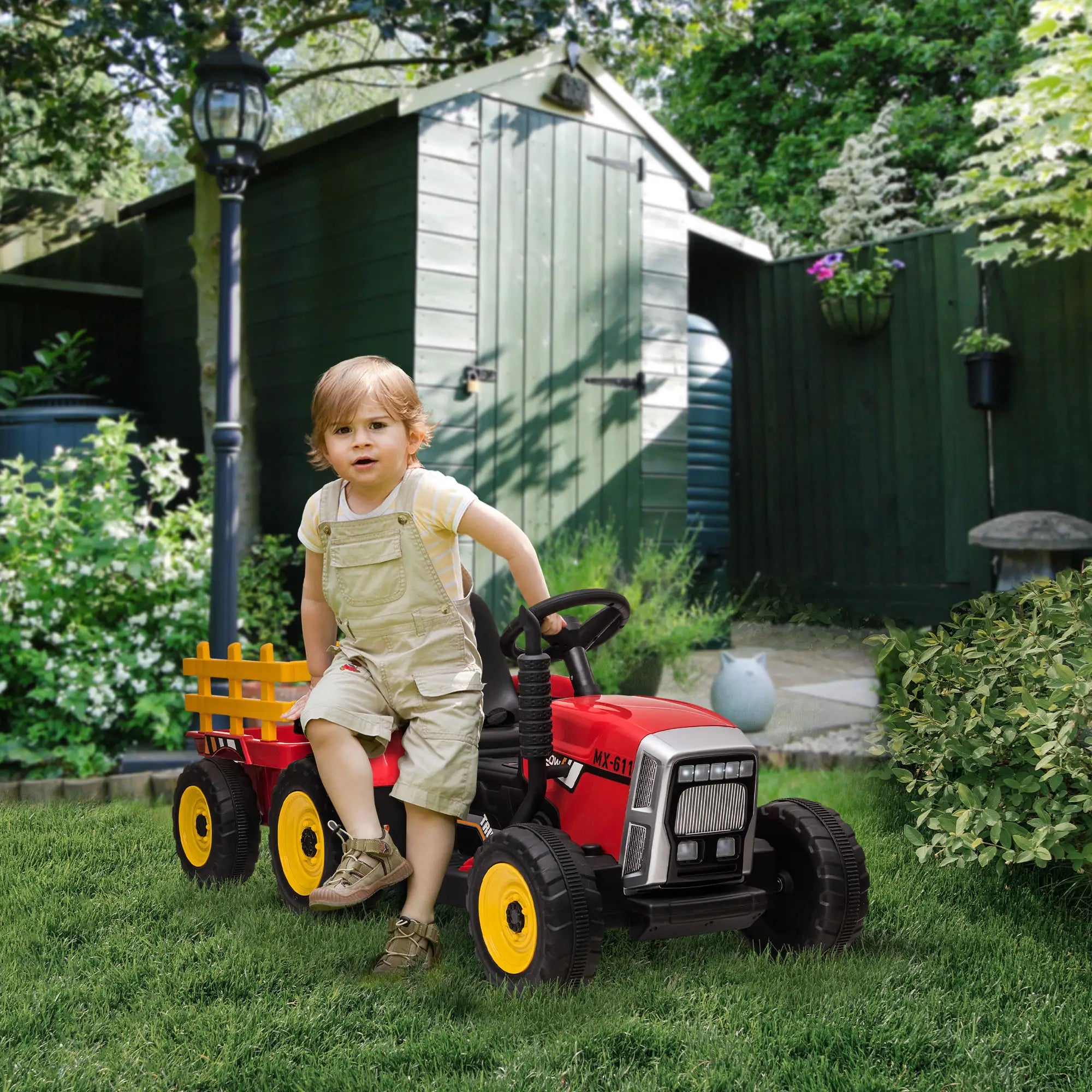 12V Kids Ride on Tractor with Trailer, Remote Control, Music, Horn, USB, LED Lights, Red Electric Toy Cars at Gallery Canada