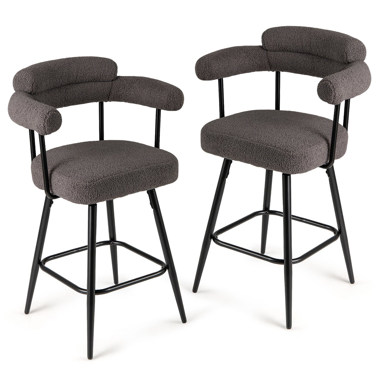 Swivel Bar Stool Set of 2 Counter Height Chairs with Curved Back and Arms-Grey, Gray Bar Stools at Gallery Canada