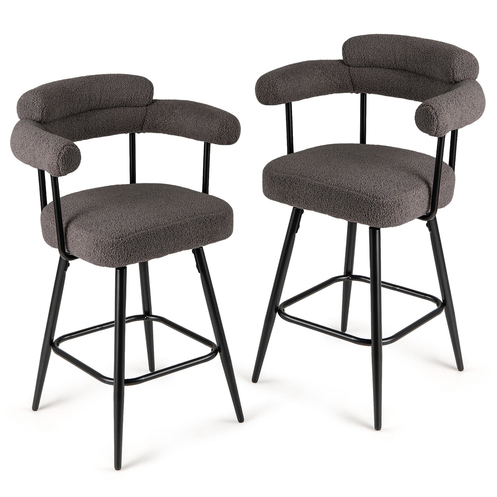Swivel Bar Stool Set of 2 Counter Height Chairs with Curved Back and Arms-Grey, Gray Bar Stools at Gallery Canada