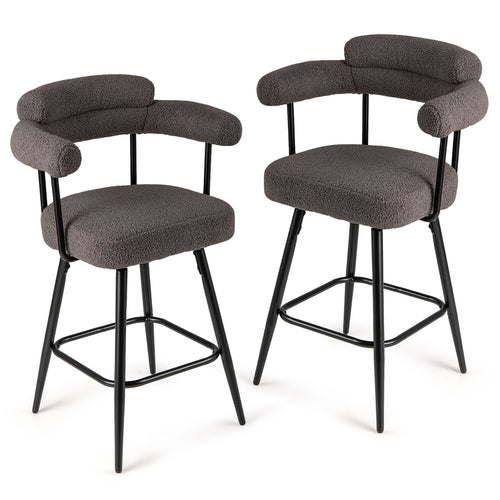 Swivel Bar Stool Set, 2 Counter Height Chairs, Curved Back And Arms, Gray