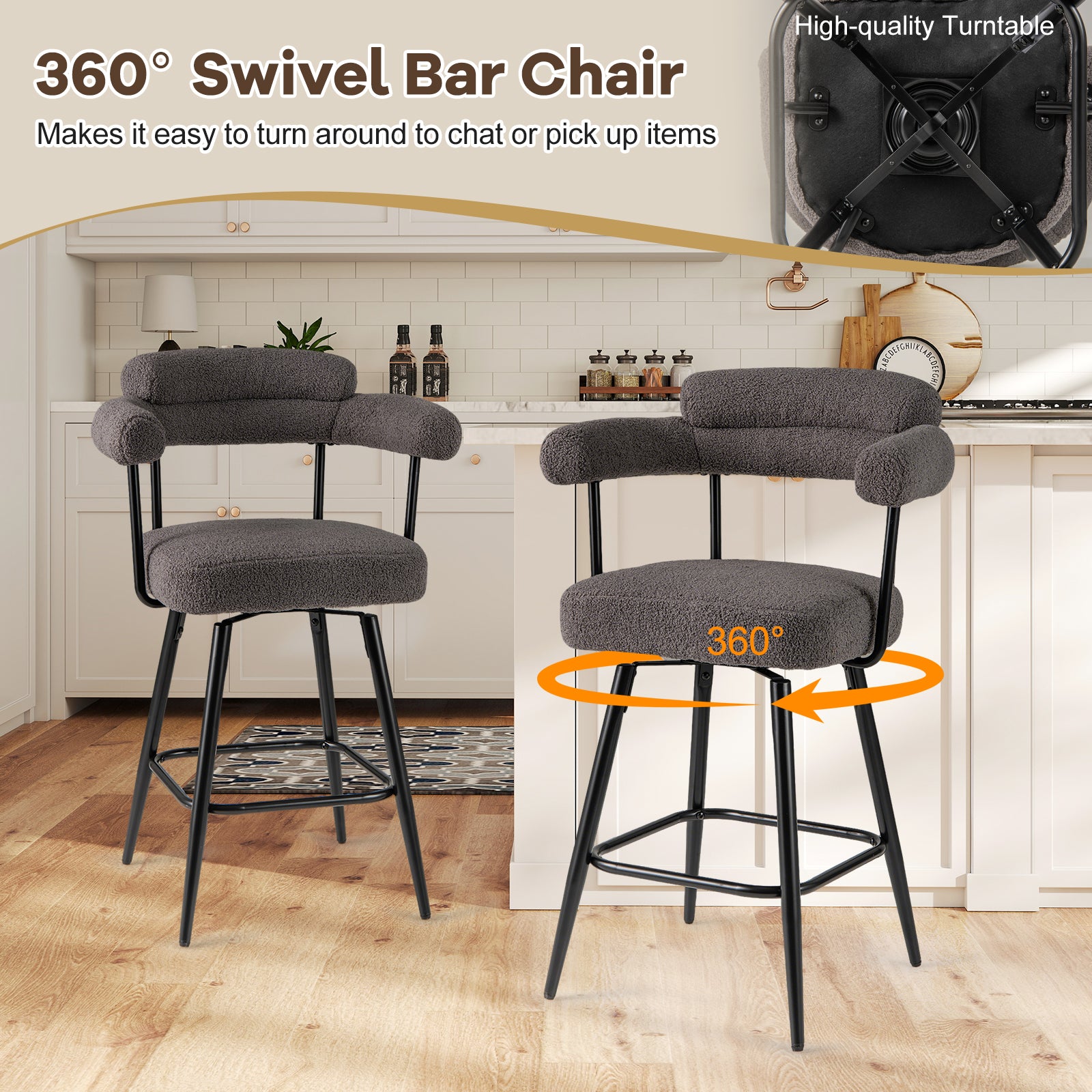 Swivel Bar Stool Set of 2 Counter Height Chairs with Curved Back and Arms-Grey, Gray Bar Stools at Gallery Canada