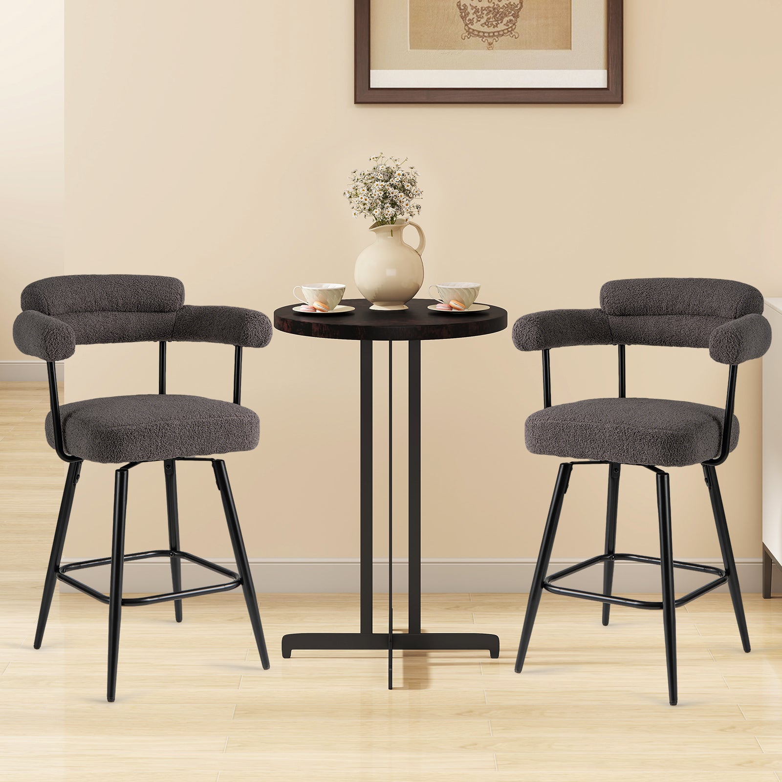 Swivel Bar Stool Set of 2 Counter Height Chairs with Curved Back and Arms-Grey, Gray Bar Stools at Gallery Canada