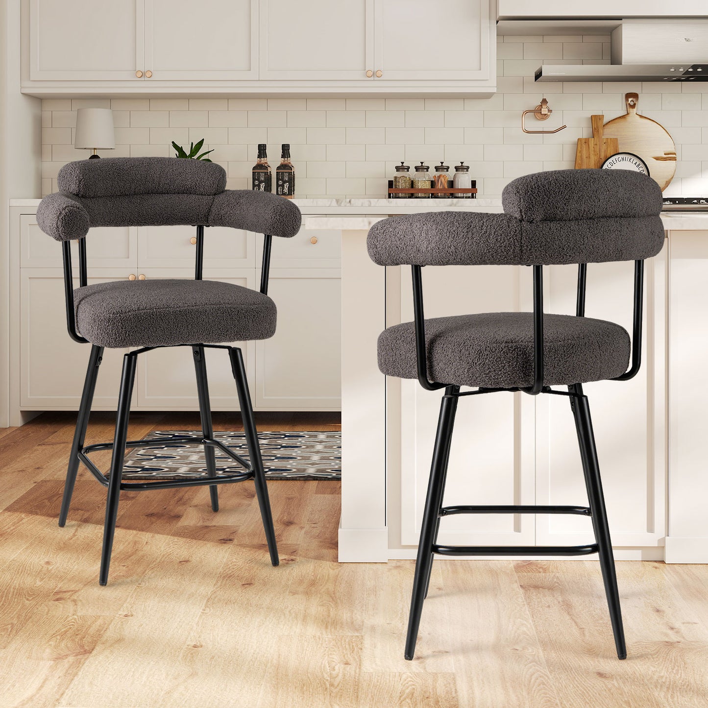 Swivel Bar Stool Set of 2 Counter Height Chairs with Curved Back and Arms-Grey, Gray Bar Stools at Gallery Canada