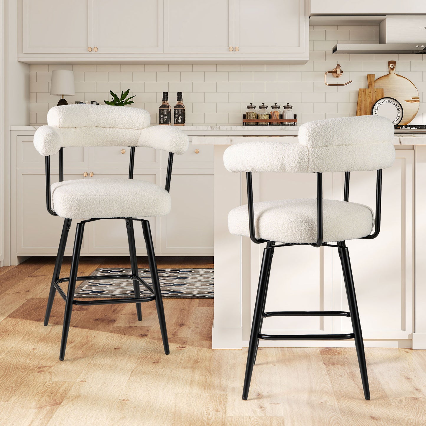 Swivel Bar Stool Set of 2 Counter Height Chairs with Curved Back and Arms, White Bar Stools at Gallery Canada