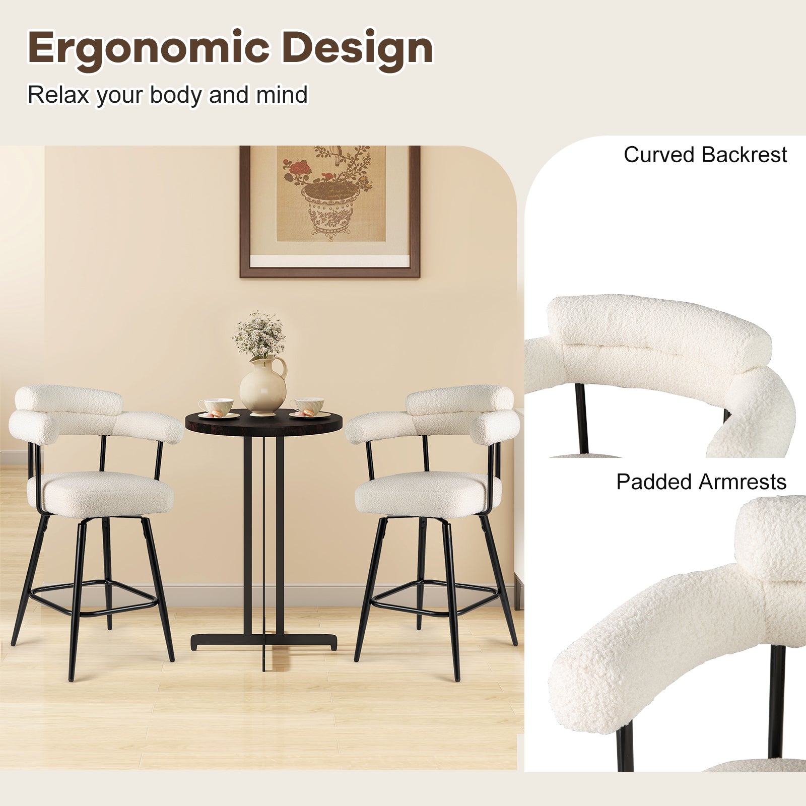 Swivel Bar Stool Set of 2 Counter Height Chairs with Curved Back and Arms, White Bar Stools at Gallery Canada