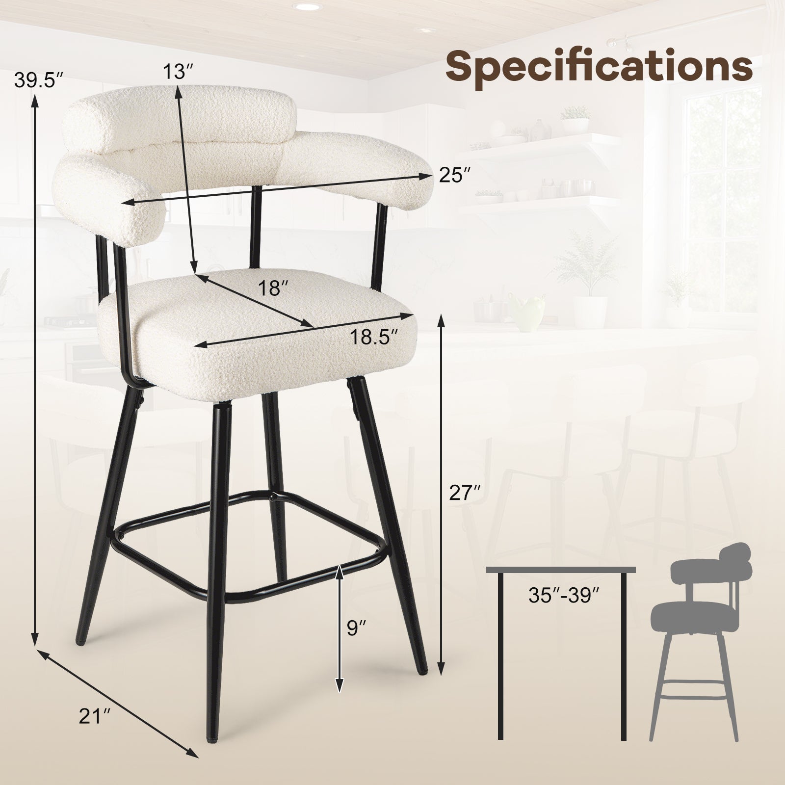 Swivel Bar Stool Set of 2 Counter Height Chairs with Curved Back and Arms, White Bar Stools at Gallery Canada