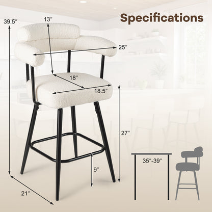 Swivel Bar Stool Set of 2 Counter Height Chairs with Curved Back and Arms, White Bar Stools at Gallery Canada